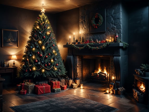 Christmas interior with a Christmas tree and a fireplace