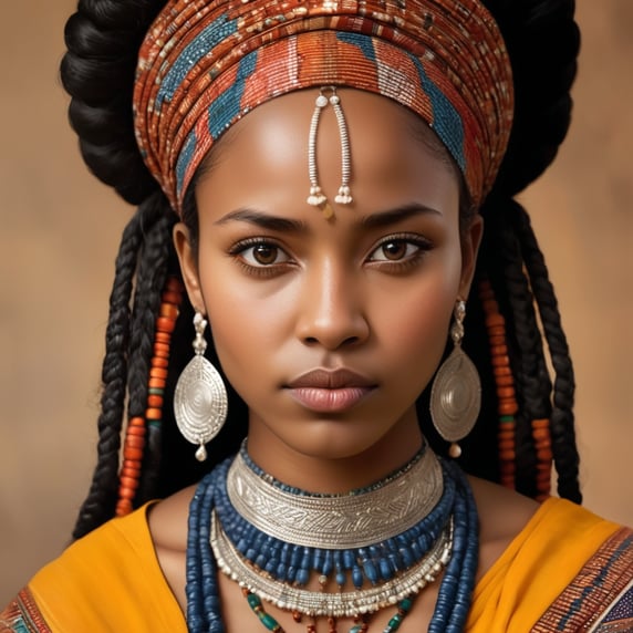 A highly realistic, color portrait of a young woman named Hindou, inspired by the character from Djaïli Amadou Amal's *Les Impatientes*. She is of Peul Fulani descent, with medium-dark skin, expressive brown eyes filled with a quiet strength but also a hint of sadness, and high cheekbones. Her hair is styled in traditional braids, with some visible small silver or beaded accessories typical of West African Peul culture. Hindou is wearing a traditional, vibrant-colored patterned outfit, with a fabric wrap draped over her shoulders and part of her head, symbolizing her cultural heritage and modesty. Her expression reflects resilience and quiet defiance amidst adversity. Background is soft and minimal, with warm tones that bring focus to her face and traditional attire.