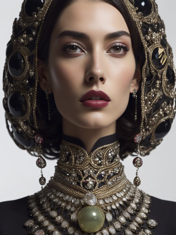 retrofuturistic massive huge jeweled necklace with huge diamonds and jewels on interplanetary interspecies male robot monster, horrific, terrifying, scary, mean. many spirder eyes, huge big jewel encrusted clothing, big pearls, precious gems. The set design is bold geometric patterns photographed by Romina Ressia, film still from wes Anderson, Gucci, Versace, givenchy, medium shot fashion, award winning photography, arty pose, fashion, diaphanous layered ultra haute couture, high definition, high resolution, bold vibrant colors , volumetric lighting, 8k, 3d render