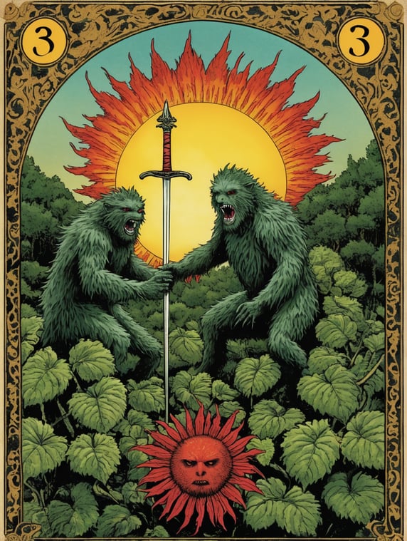 folk horror the sun hirsute kudzu monsters tarot card 3 of swords
