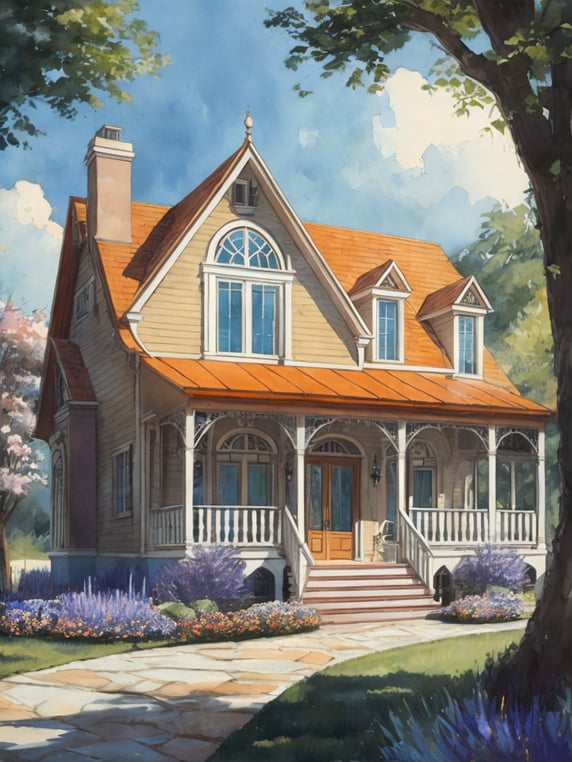 fairytale house, Marty Bell, openwork veranda, day, sunlight, blue sky, flowers near the house, lawn, pastel colors, transparent colors, pink, blue, purple, green, white