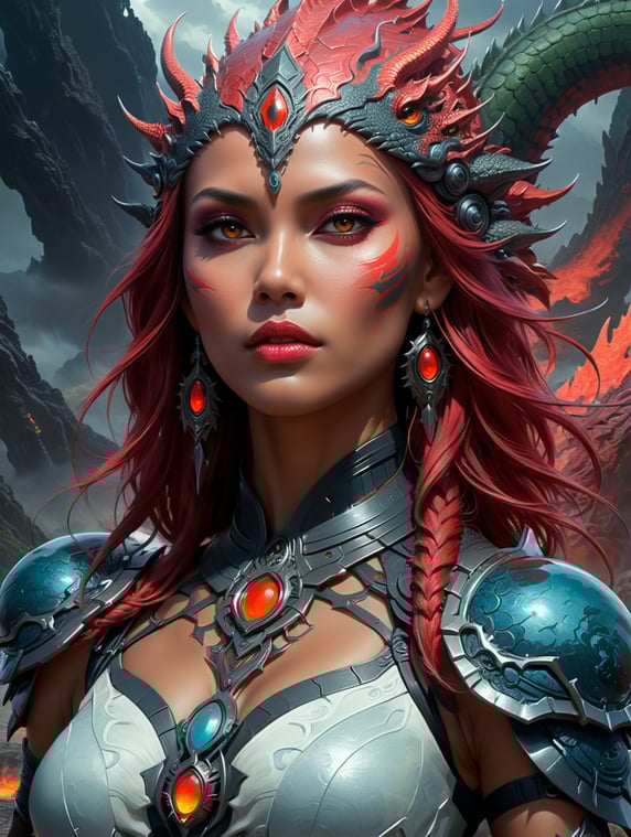 a scene showing a beautiful shaman woman with dragon in some environment, in the style of futuristic landscapes, alien art, aleksi briclot, dark gray and light crimson, symmetrical chaos, intricate use of hatching, spiky mounds