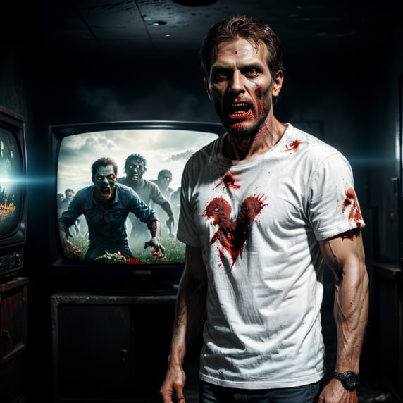 zombie with a white t-shirt coming out of the television