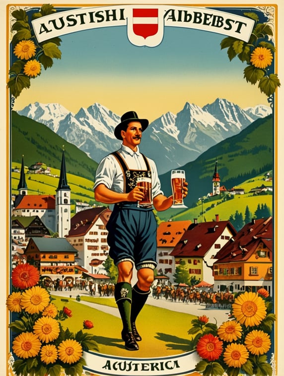 Austria, vintage Octoberfest postcard illustration