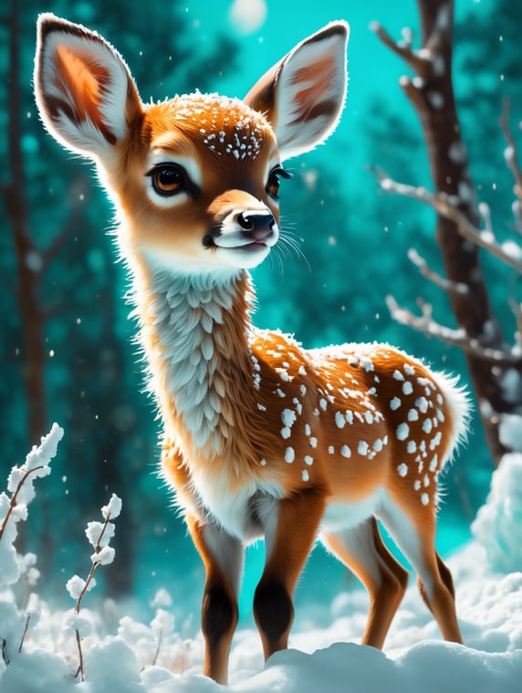 An adorable cute fluffy fawn cub on bioluminescent golden_turquoise glow enchanted ethereal snowland, explosion of snow, love energy, soft lighting, sharp focus, by Marc Simonetti & Yoji Shinkawa & WLOP, paint drops, rough edges, trending on artstation, studio photo, intricate details,