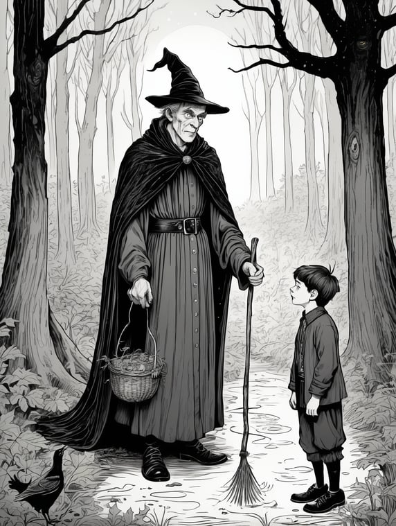 the boy meets an ugly witch in the woods. fairy tale-style drawing and illustration representing the english style.