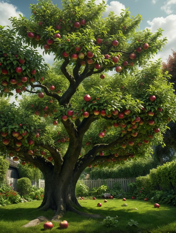Ground level view of an An apple tree growing in a small garden with a green grass lawn