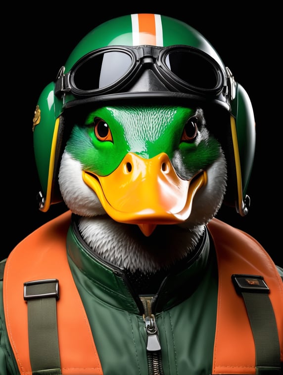 Full green face of a mallard duck, with a slight white reflex on the face, on a black background, bright colors, glossy highlights, professional shot, clear details, high detail, human pilot uniform clothes,
