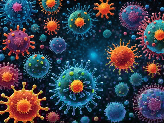 A dramatic microscopic view of various viruses in vivid, glowing colors against a starkly contrasting dark background, creating an intriguing banner. The viruses, rendered with scientific precision, are depicted in a variety of shapes and sizes, including spherical, rod-shaped, and icosahedral forms, each emanating a unique luminescence that pierces through the inky blackness. Their surfaces are adorned with spikes and projections, which seem to pulsate with an eerie vitality, hinting at their infectious nature. The dark backdrop is not entirely it is slightly textured, resembling the microscopic landscape of the host cells these pathogens typically invade. The background is also sprinkled with faint, star-like specks, symbolizing the vastness and mystery of the microbial world. The border of the banner is a thin line of softly glowing neon blue, serving as a visual frame and emphasizing the floating, three-dimensional quality of the viruses. The overall composition is both mesmerizing and unsettling