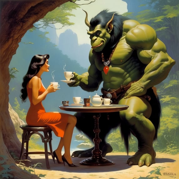 A troll and a woman have a coffee in an internet cafe. The woman is dressed smart casual. They are in an internet cafe. Frank Frazetta fantasy style art.