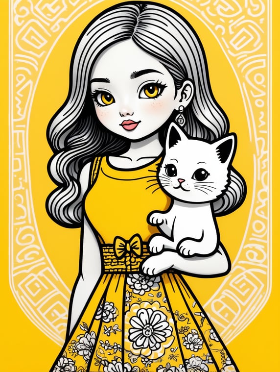 A cute cartoon girl in a dress holding a white kitten, full body, yellow background, keith haring style doodle, sharpie illustration, bold lines and solid colors, simple details, minimalism, yellow background
