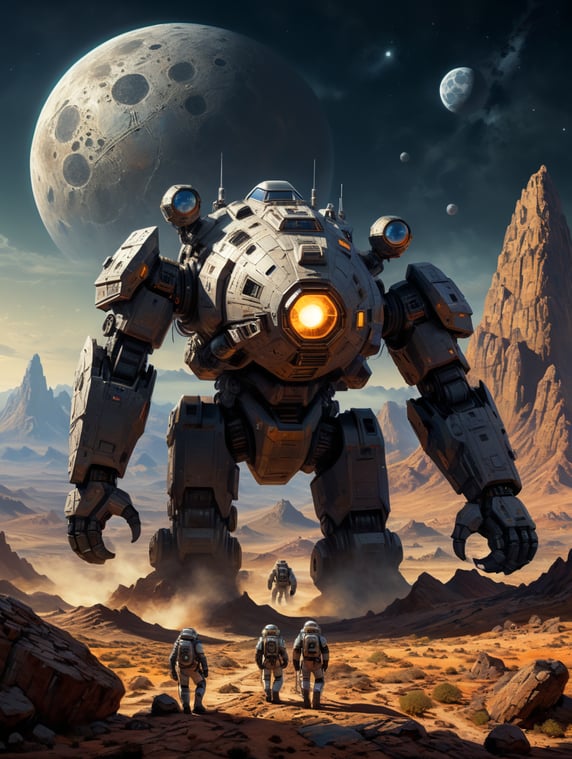 a plain on the planet moon, full of craters and rocks. Sharp and jagged mountain ranges on the horizon. The light comes low from the horizon, painting the landscape with long shadows. A group of astronauts take measurements on a gigantic and mysterious monolith, near them, the 6-wheeled vehicle with which they arrived from their base.; una pianura sul pianeta luna, piena di crateri e rocce. All'orizzonte delle catene montuose aguzze e frastagliate. La luce arriva bassa dall'orizzonte, disegnando il paesaggio con lunghe ombre. Un gruppo di astronauti effettua misurazioni su un gigantesco e misterioso monolite, vicino a loro, il veicolo a 6 ruote con cui sono arrivati dalla loro base.