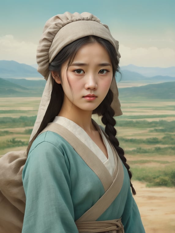 Vintage front view portrait of a sad-looking young and very cute Korean girl, wearing a simple earth colored linen medieval dress and a linen coif, standing in front of vast landscape with a bright turquoise sky, muted earth colors, highly detailed, realistic