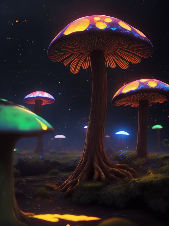 fluorescent mushrooms, psychedelic night, abstract, darkness