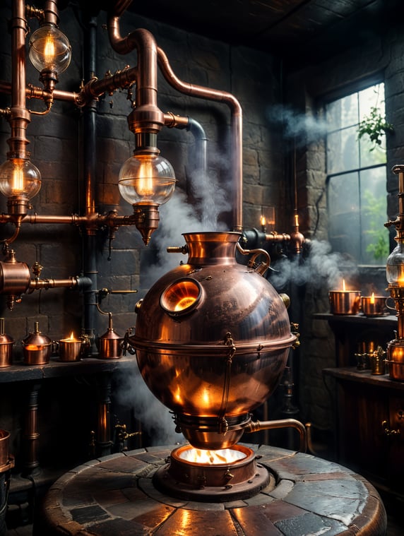 Close-up of a Copper distillation unit alembic, candles on the walls, Dim antique room for whiskey production, herbs and hops, old master sitting on a chair