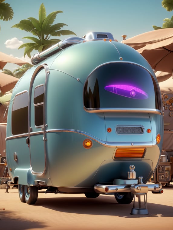 Futuristic alien Airstream camping trailers, steampunk and neon, cyber technology