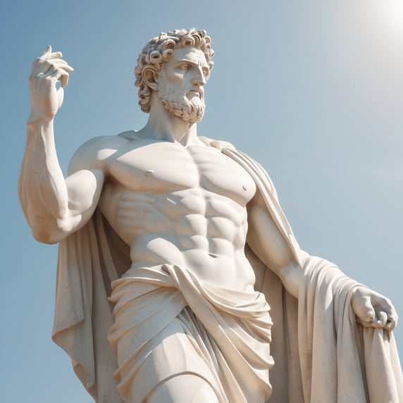 A full-length statue of a Greek god. The look is mystical, enchanting. Covered up with a light fly at the hips.; Graikų dievo viso ūgio statula. Žvilgsnis mistinis, kerintis. Prisidengęs lengva skraiste ties klubais.