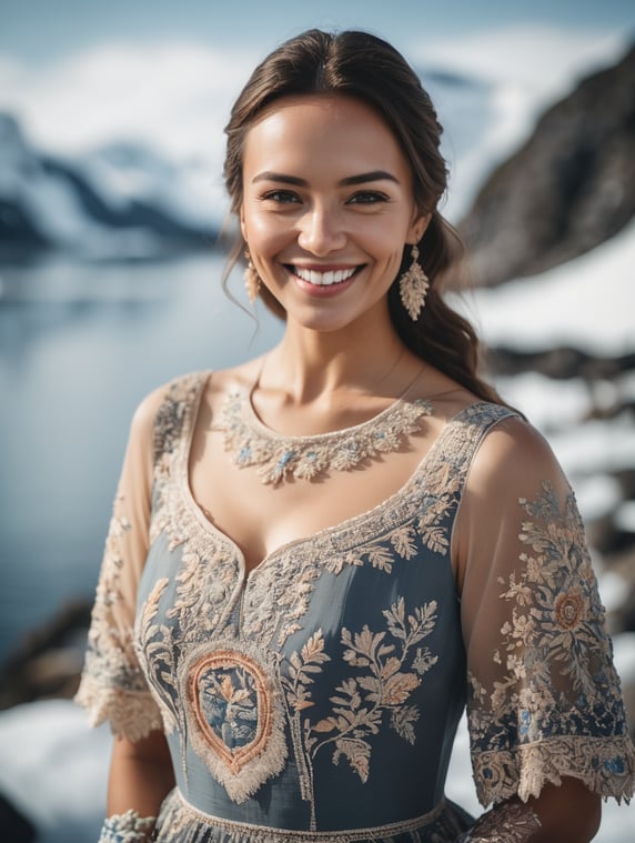 A cute woman smiling at the camera, wearing a stunning embroidered dress in antarctica, cinematic, film grain