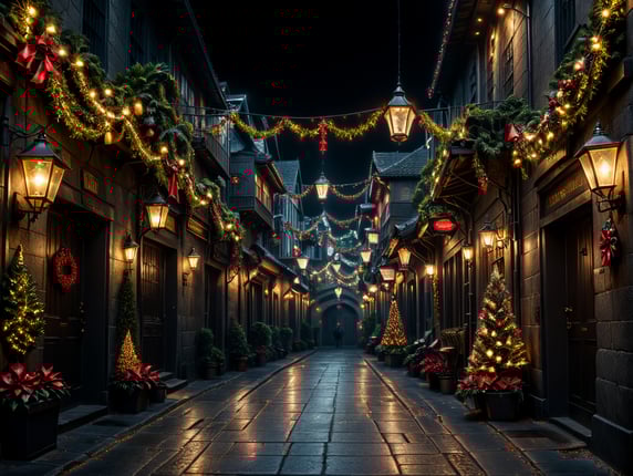 Bright christmas alley with lights, nutcrakers, christmas decoration, less hanging lights