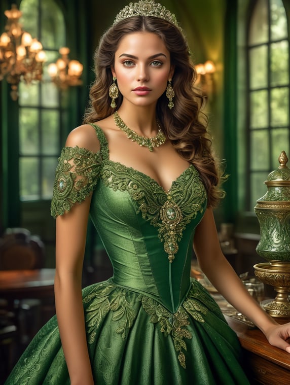 Michael Cheval style illustration, of a twenty-year-old woman, very beautiful, similar to Veronica Castro, dressed in a beautiful green dress.
