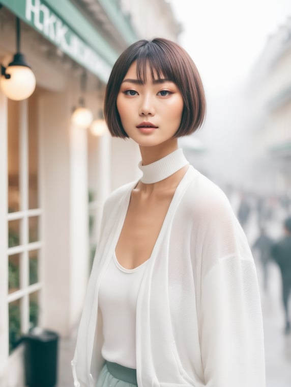 Portrait of a beautiful japanese fashion model with bob-cut hair and a sporty athleisure outfit, ethereal dreamy foggy, photoshoot by henri cartier bressons, editorial fashion magazine photoshoot, fashion poses, in front of parisian café terrace. kinfolk magazine. film grain. a soft smile