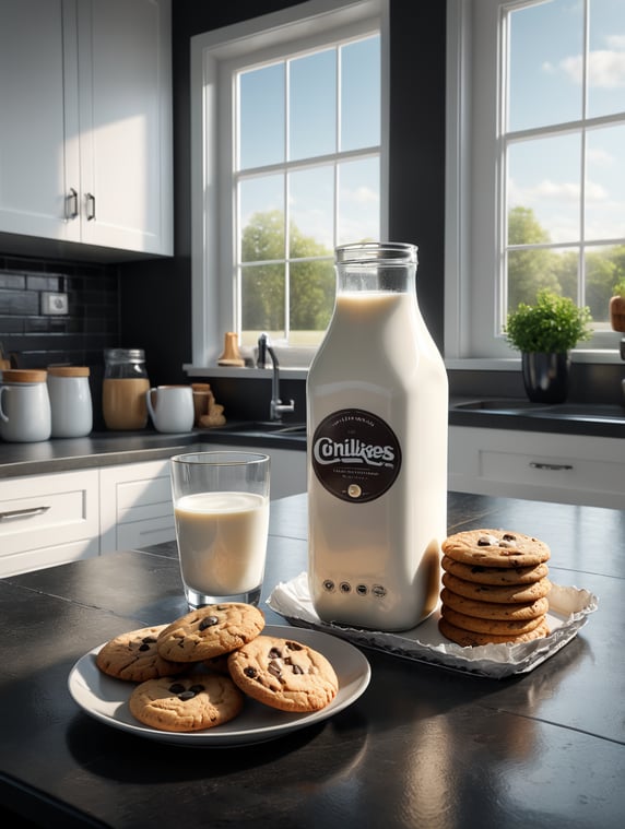 I want to make a half-gallon paper milk carton in a modern white kitchen, with a glass of milk on the side with a plate of cookies, light coming in from window