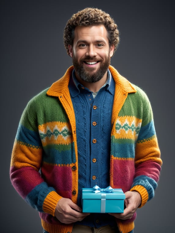 portrait of a bearded curly man wearing coloured knitted jacket, stands front camera with gift box his hand, happy birthday images, spring time