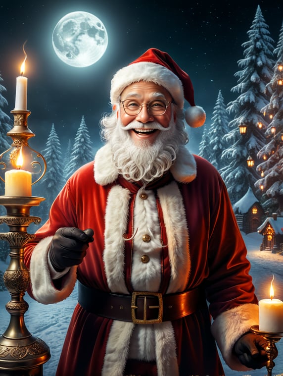 Magical Santa Claus with a white beard, hat, and glasses smiling and looking directly at the camera. Santa Claus is holding a candelabrum that has a candle. The environment is magical we can see a magical enchanted Christmas forest at night with stars and a big moon in the background and it seems that candlelight illuminates Santa Claus's face. The photo is realistic and has a vintage style and a cinematic Pixar-style look.