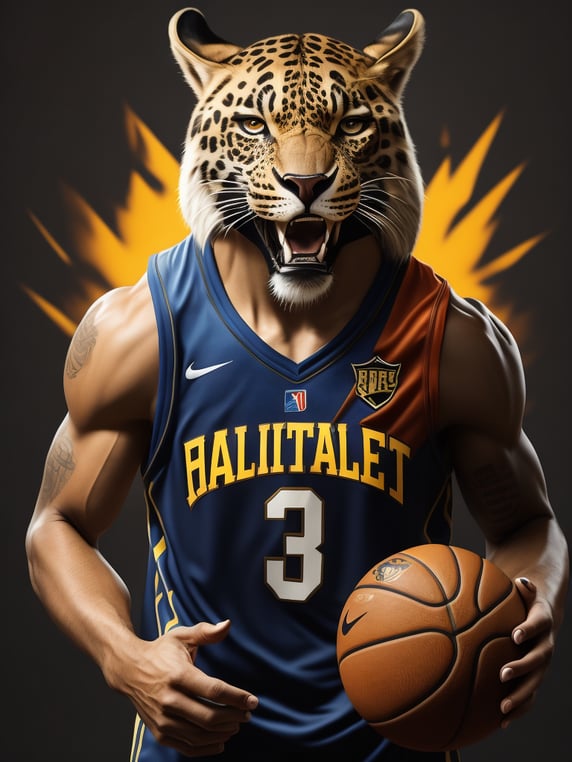 Draw an image of a half human half sabertooth leopard basketball player in graffiti style. Have him be 3D and incorporate the words “NEXT GREAT” into the image. Make his jersey have the Saber alpha athletic wear logo