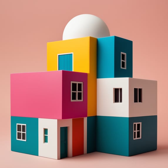 Vinyl toy for a 5-year-old boy xd a house inspired by the architecture of Luis Barragán and the paintings of Escher with vibrant colors placed as if it were a work of contemporary art. Encapsulated in resin.; Vinil toy para Niño de 5 años xd una casa inspirada en la arquitectura de Luis Barragán y las pinturas de Escher con colores vibrantes colocado como si fuera una obra de arte contemporáneo. Encapsulado en resina.