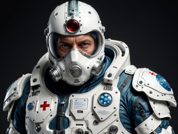 A realistic photo of a man wearing medical protective suit, isolated, white background