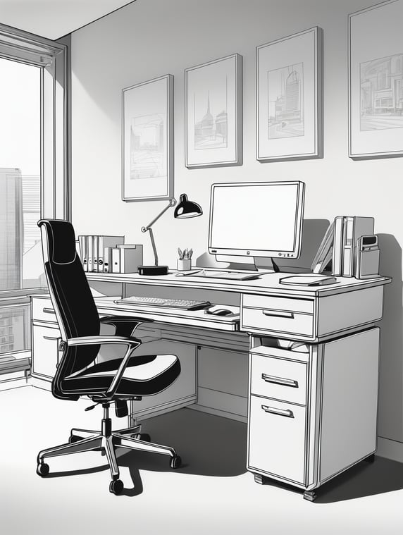 line drawing of a desk with a computer and an office chair; stregtegning af et skrivebord med en computer og en kontorstol