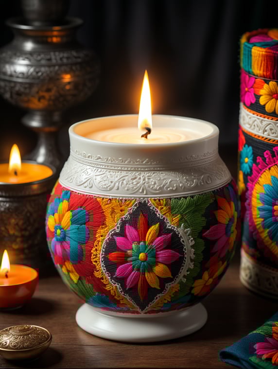 A luxury white candle vessel and box using beautiful Mexican colorful textile patterns