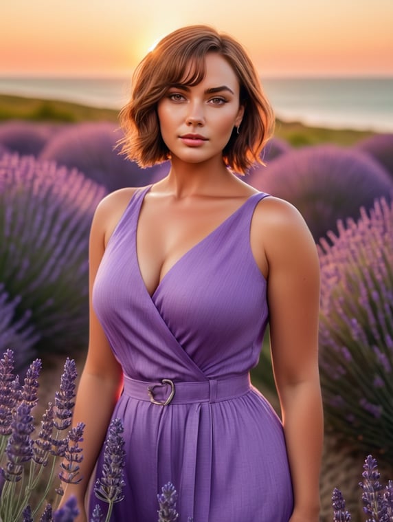 Portrait of heavy naturally beautiful woman in a field of lavender near the sea, innocent, loyal, beautiful, brunette, short hair, very detailed, sunset, vivid colors, dramatic lighting, rhodesian ridgeback, blurry background.