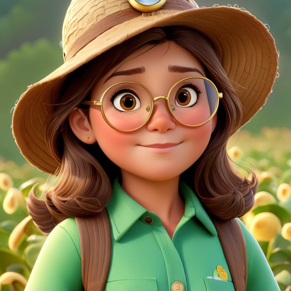 AGRICULTURAL WOMAN, BRUNETTE, MEDIUM DARK BROWN HAIR WITH ALMOND LIGHTS, WEARS GOLDEN GLASSES, ROUND FACE, ROUND NOSE, FARMER HAT, 3 YEAR OLD SON. MORENO, BROWN HAIR, FLESH MOUTH Disney Pixar style