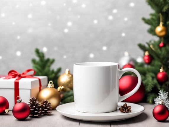 blank White ceramic mug, Christmas style photo, mock up, mockup