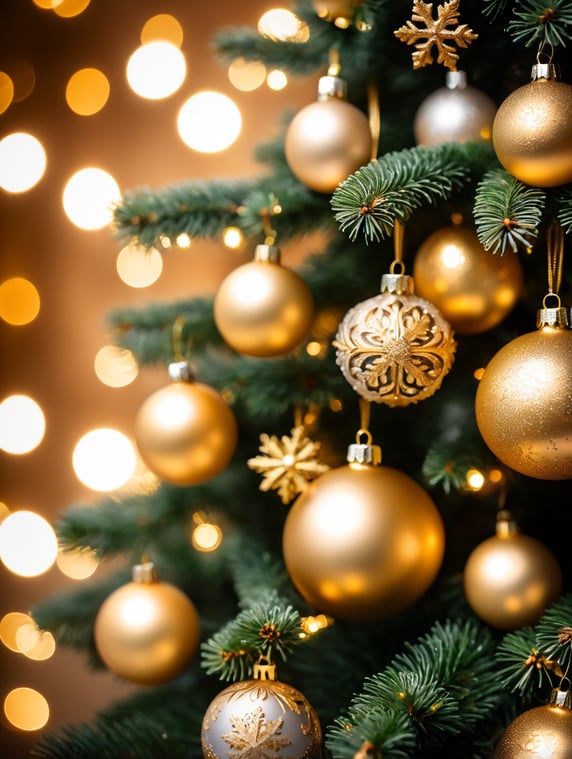 Christmas tree detail with golden christmas balls, golden snowflakes and lights