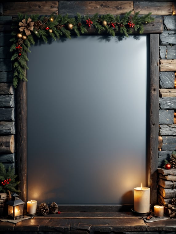 vertical picture wall mockup, natural christmas, cozy log cabin, neutral colors