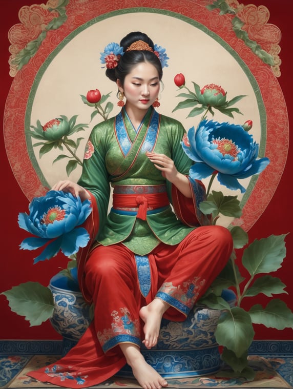 Female, classical, green skin, sitting with her feet up on a red peony flower, holding a blue peony flower in one hand and putting it down with the other hand, Thangka