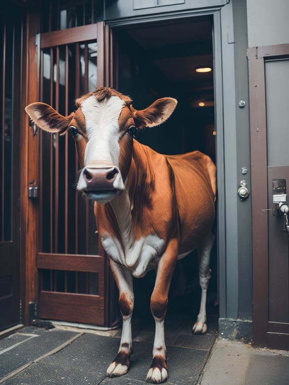 Cute small jersey cow waving at me and smiling greeting me in front of theater door
