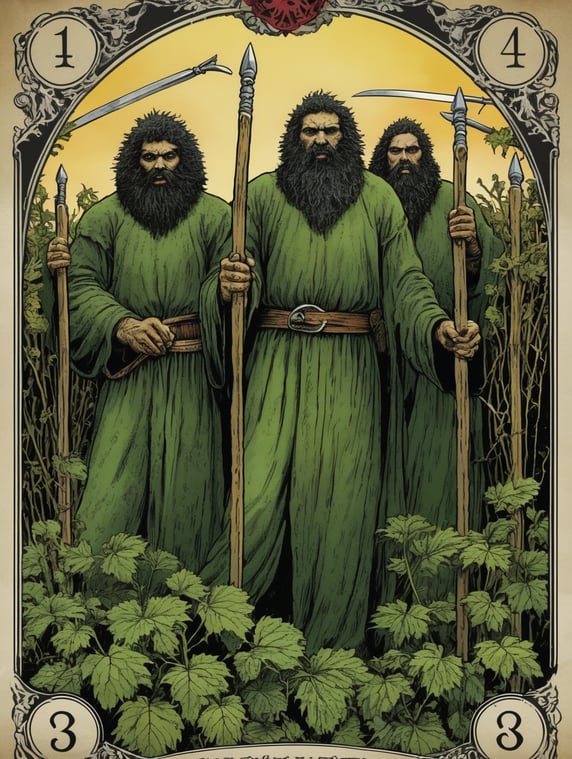 folk horror witchcraft hirsute kudzu monsters tarot card 3 of swords
