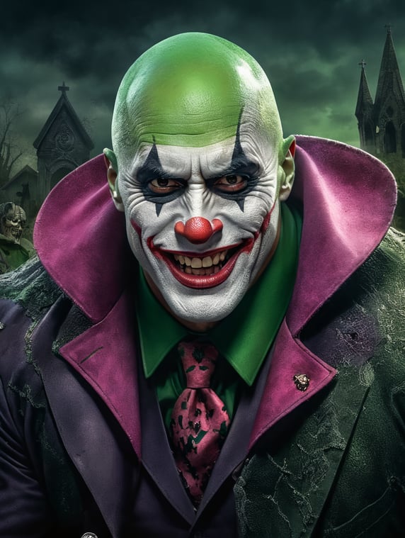 Portrait of Dwayne Johnson in a joker costume for Halloween, scary makeup on his face, dark atmosphere, vintage style, green and pink colors, highly detailed photo, professional photo, against the backdrop of an old creepy cemetery, contrasting light, bright colors