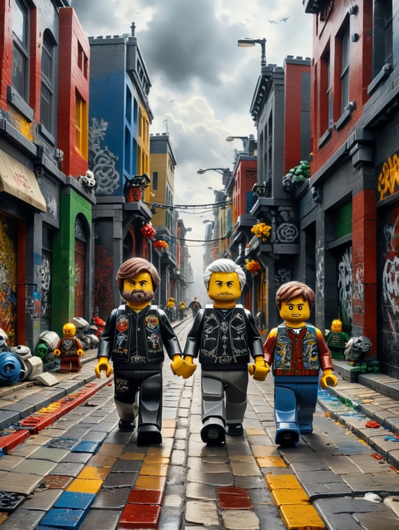 Two lego figures walking down the street holding hands. One adult and the other is a child. Rough street graffiti style.