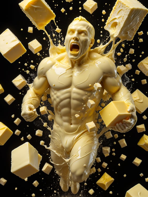 a a person made of butter object, floating in mid air, trippy, looks like a porcelain, structure, gloss, otherworldly, nature, photorealism, rave, butter colour background, light butter, butter, yellow