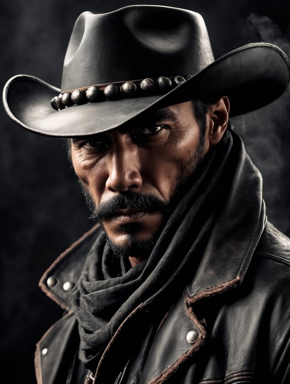 old western bandit train robber, leather cowboy hat, black kerchief covered his face, dark scene, dark atmosphere, epic shot, sharp on details
