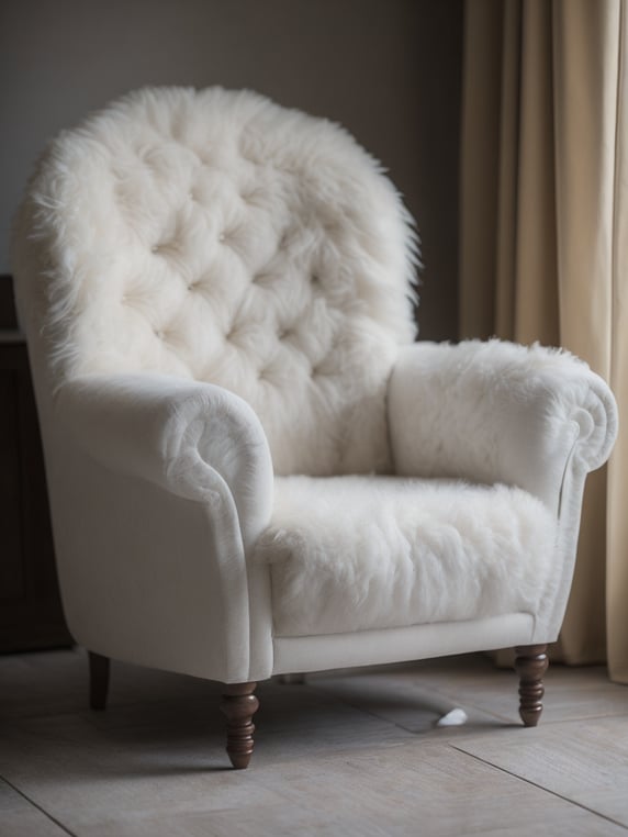 a white soft sheep chair, wood carved head and legs of the sheep, body is white wool