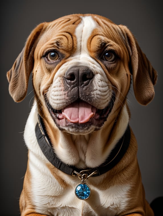 English Bulldog with one bleu eye sitting, see front camera, photo fron a withe background. (((smiling)))