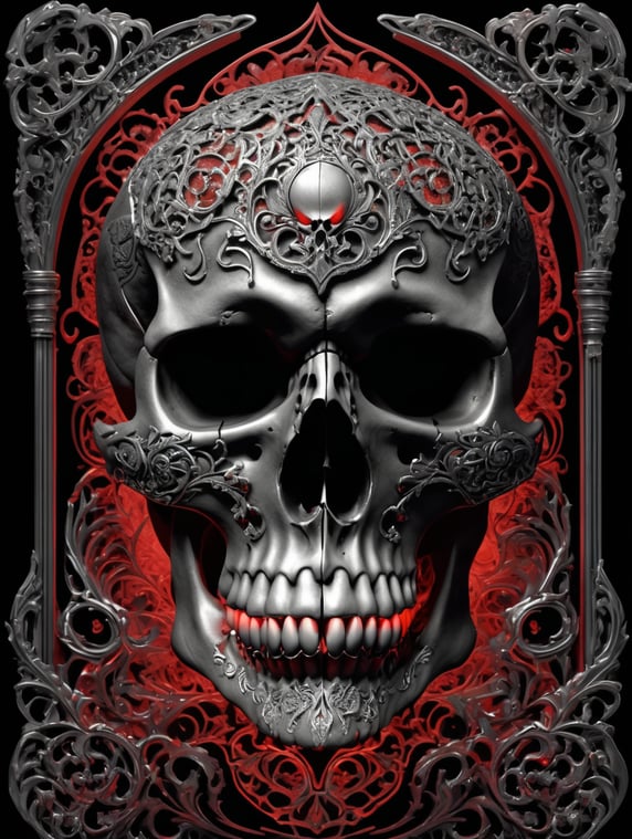 Side profile of angry dark vampire skull morphing into ornate filigree in a rectangle with glowing red behind it, the skull has cracks revealing an ominous glow, matte black background, negative space --v 6.0