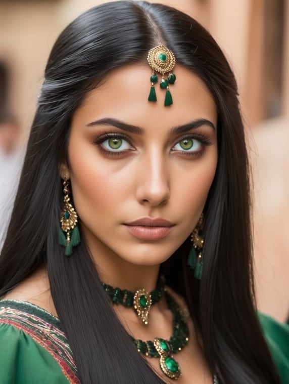 Black long, straight hair. Dark green eyes. Young women. Italian complexion. Traditional Mexican woman costume. bez kolczyków.
