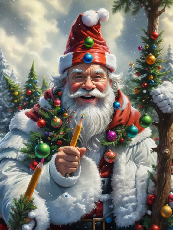Cartoon closeup of friendly and funny Santa Claus with christmas tree snow elves and christmas decoration colored pencils and paintbrushes; Primer plano de caricatura de amigable y divertido Papá Noel con árbol de navidad nieve elfos y decoración de navidad lápices de colores y pinceles